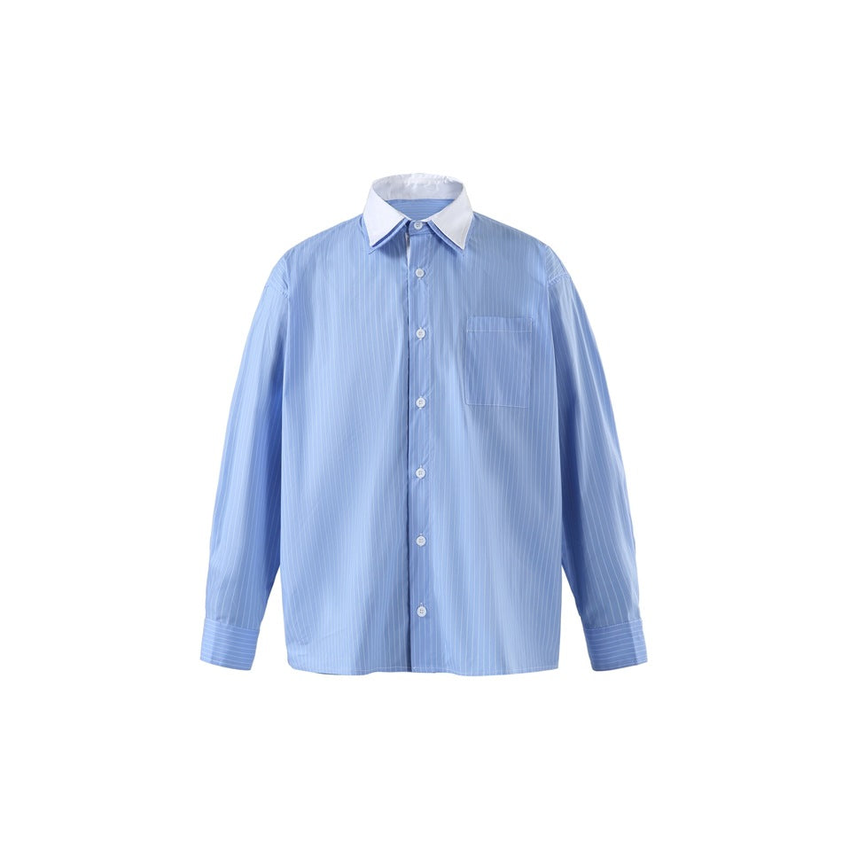 Blue pinstriped long-sleeve shirt with white double collar and chest pocket, front view on white background