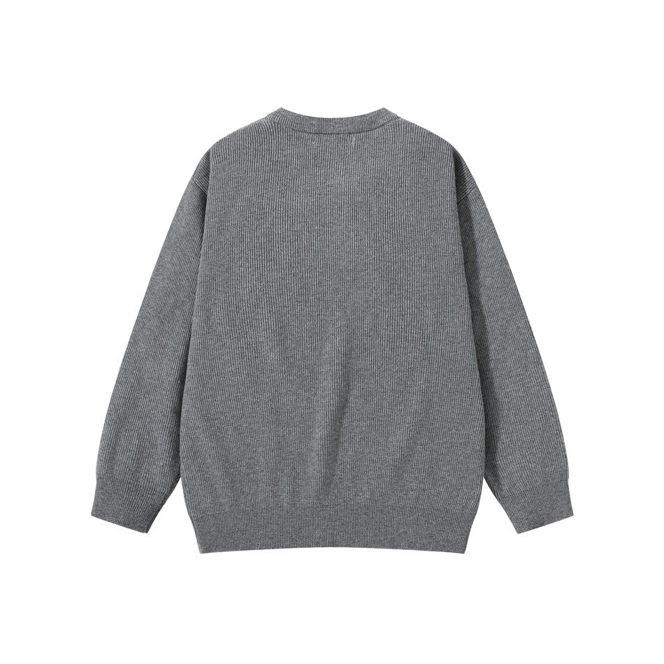 Back view of a charcoal gray rib-knit cardigan with a crew neck, long sleeves, and ribbed cuffs and hem.