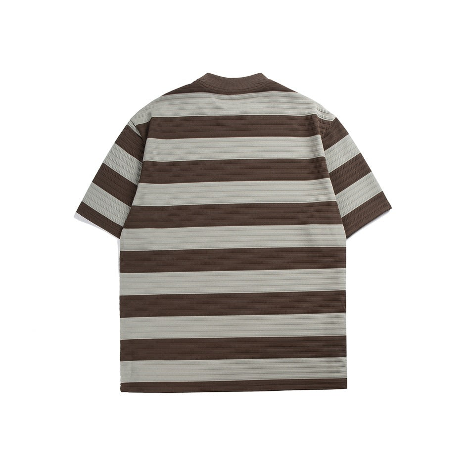 Back view of a short-sleeve T-shirt with wide brown and light gray horizontal stripes.