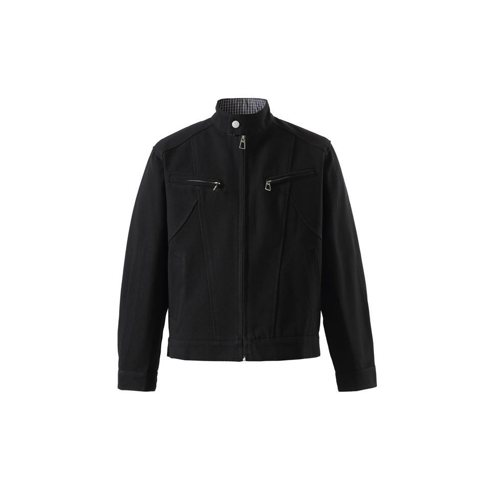 Black stand-collar zip jacket, front view, with diagonal chest zip pockets and grid-check inner collar