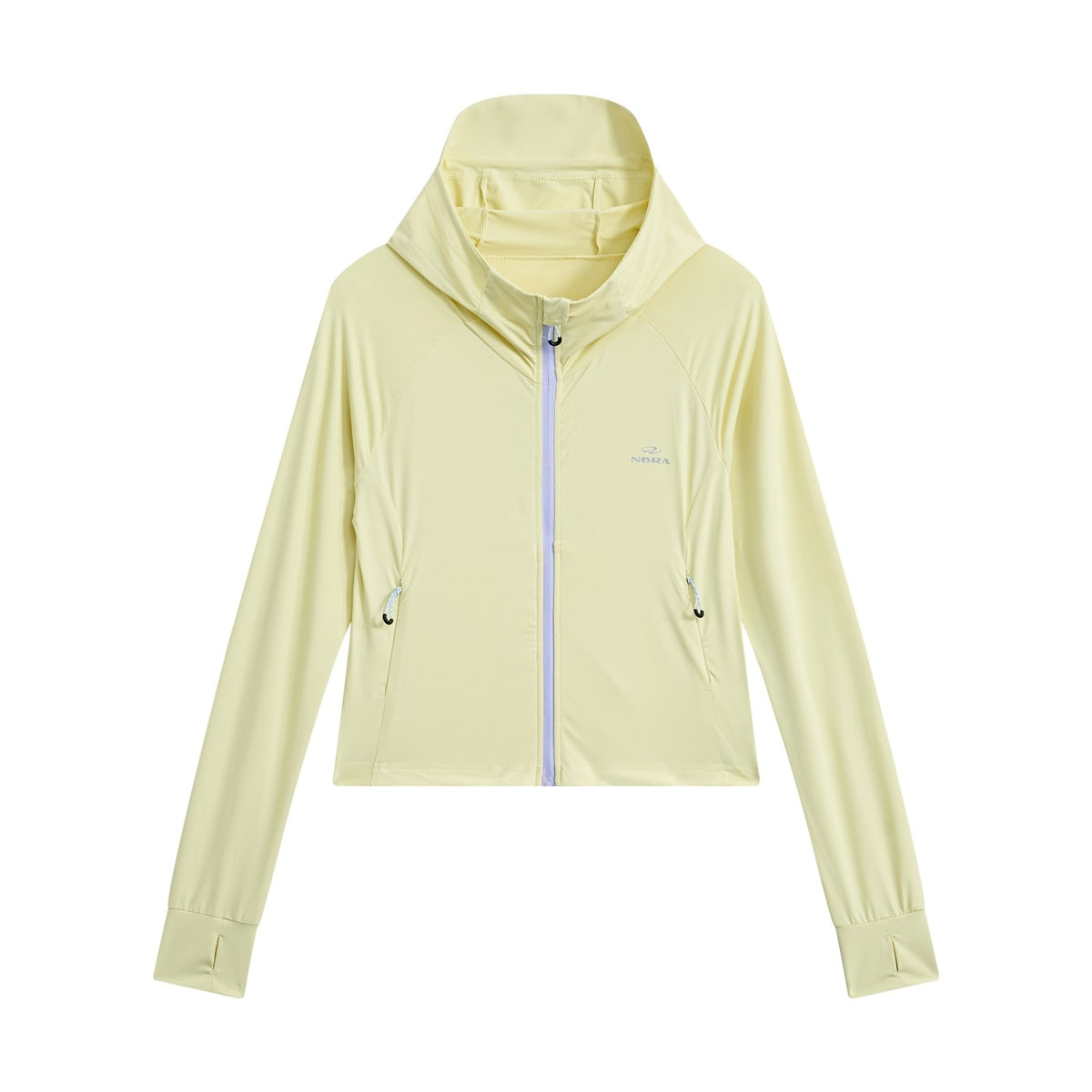 Yellow cropped full-zip hooded jacket with purple zipper, thumbholes and waist pockets, front view