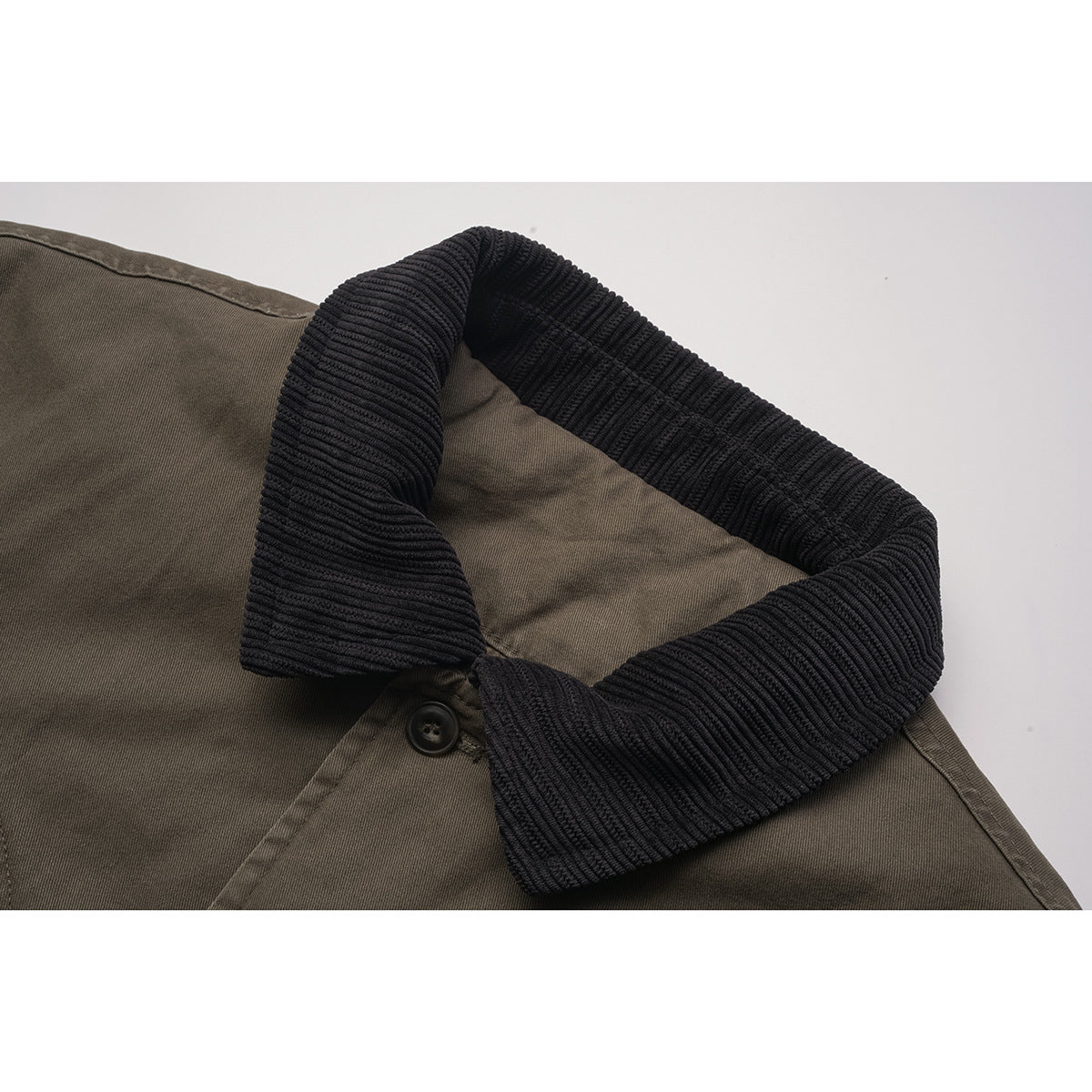 Close-up of an olive-brown jacket with a wide black ribbed collar and dark button.