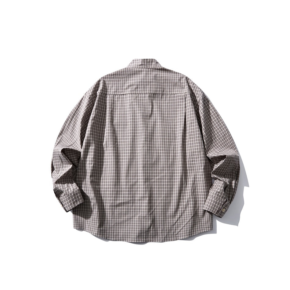 Back view of a gray, black, and cream checked button-up shirt with a back yoke and center pleat.