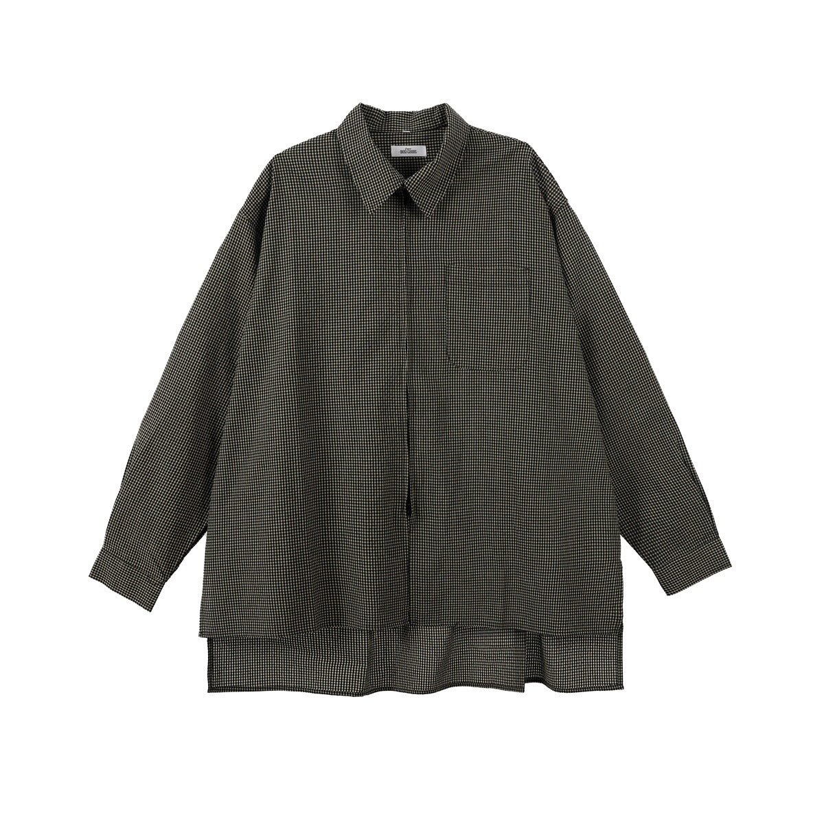 Black small-check long-sleeve shirt jacket with chest pocket and high-low hem, flat front view