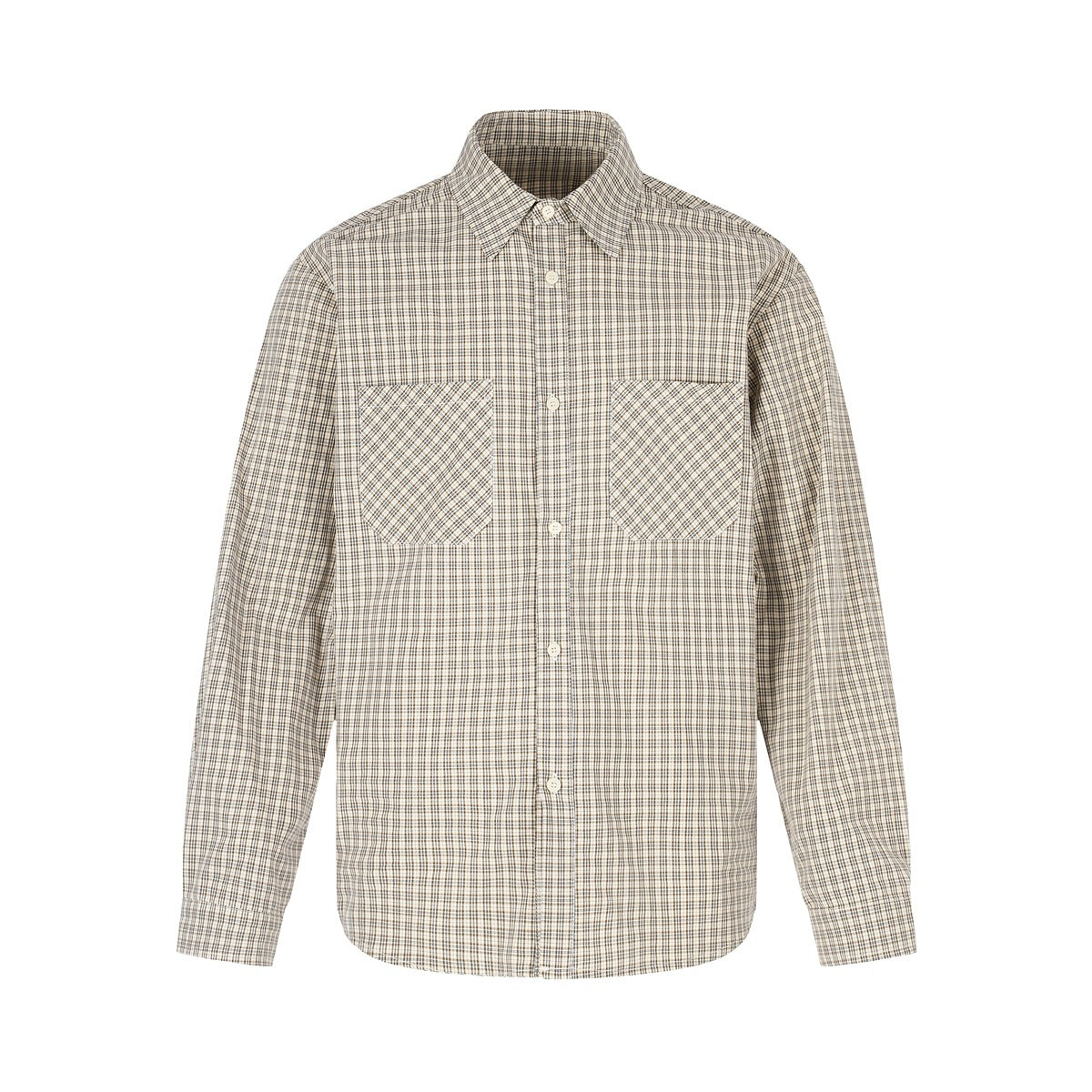Front view of a khaki and cream small-check long-sleeve shirt with two chest patch pockets and a full button placket