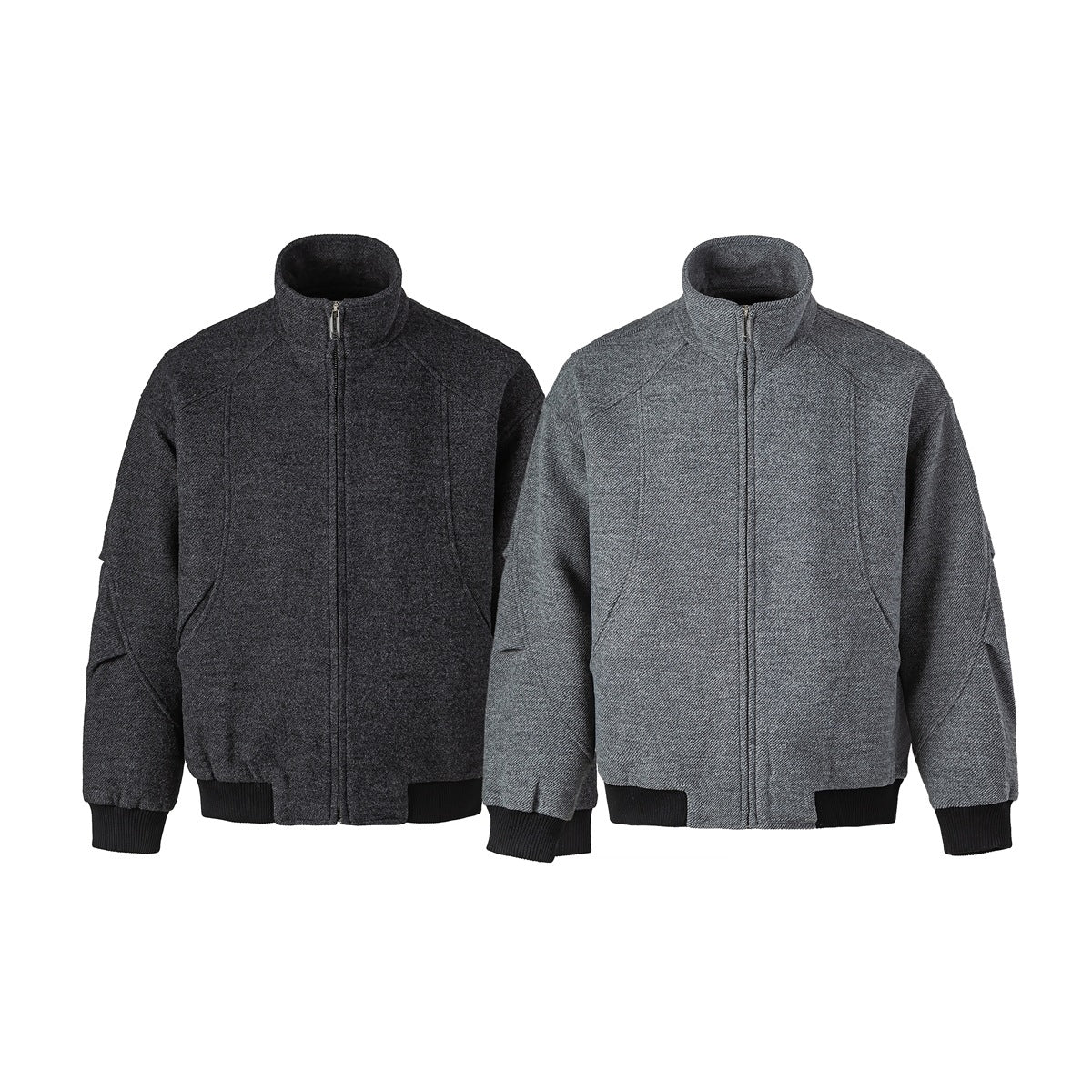 Two front views of a zip-front jacket with a stand collar and black ribbed trim, in dark charcoal and gray.
