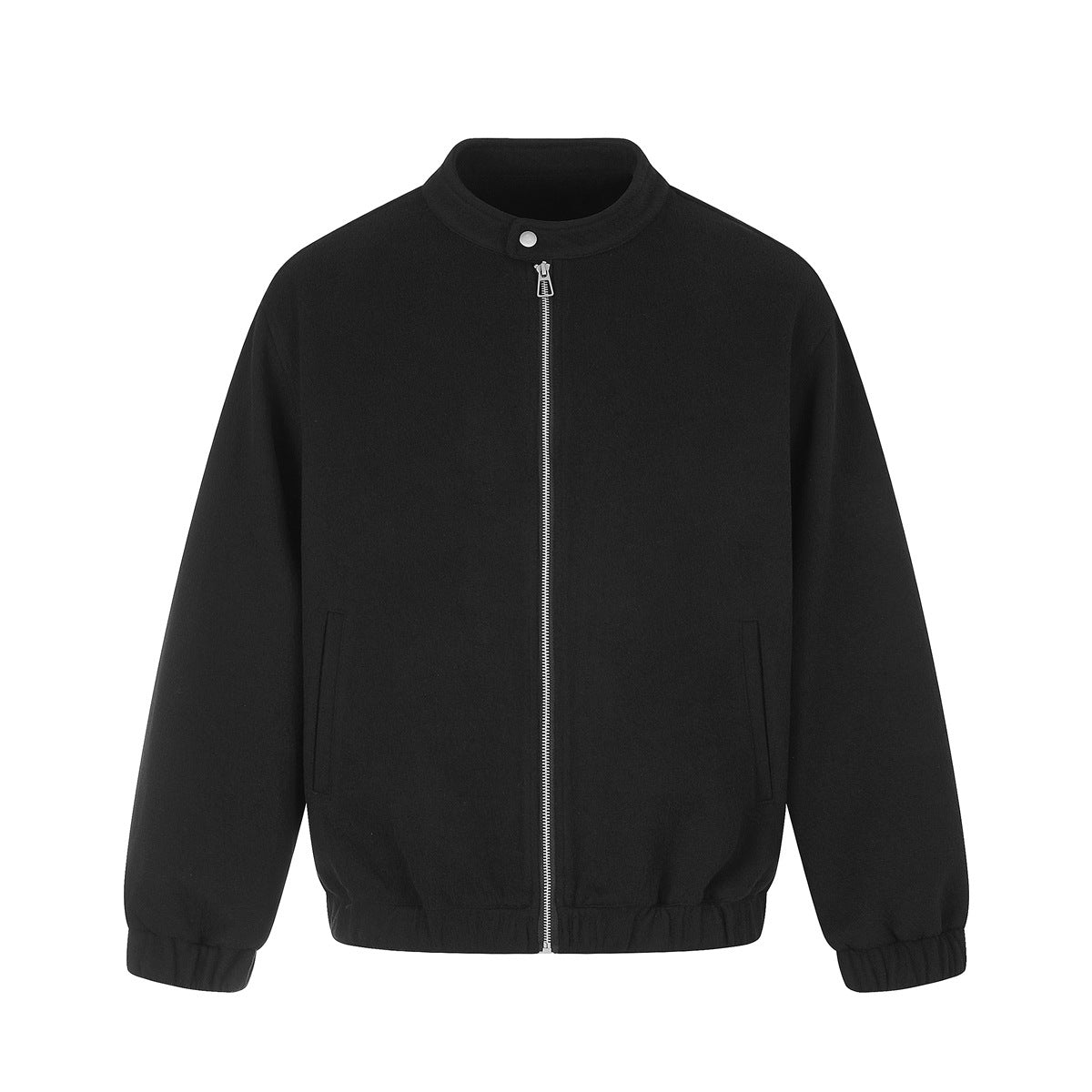 Black stand-collar zip jacket with silver zipper, snap collar tab, slit pockets and elastic cuffs and hem, front view