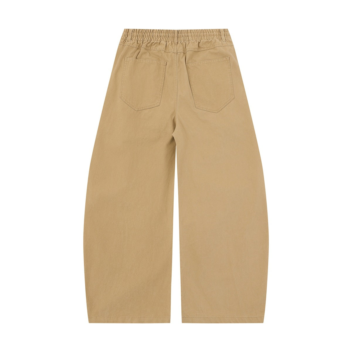 Back view of tan wide-leg pants with an elastic waistband and two patch pockets.