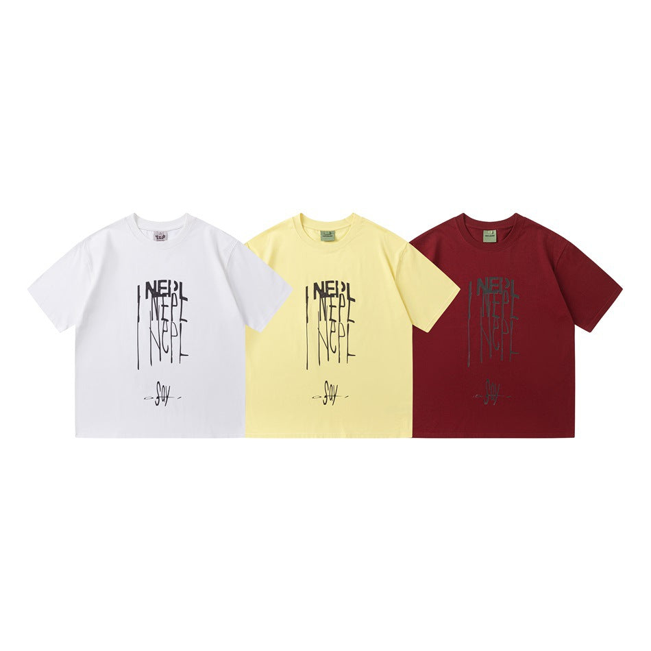 Three short-sleeve graphic T-shirts shown from the front in white, pale yellow, and dark red.