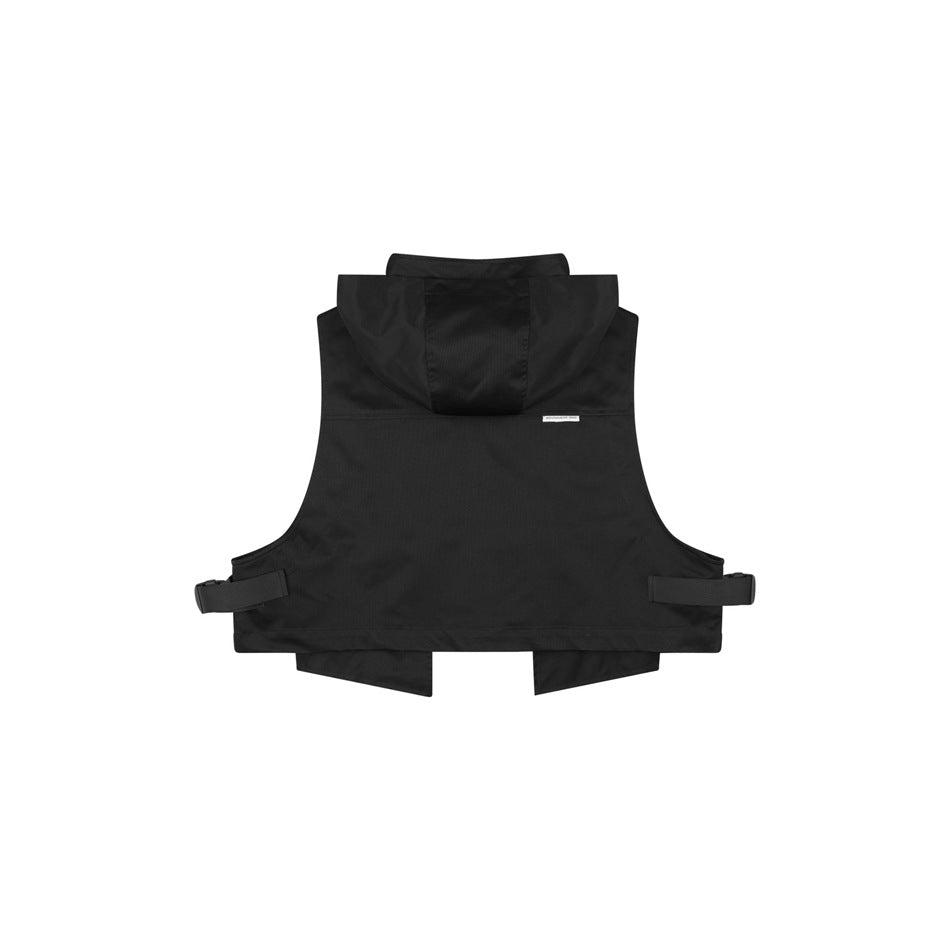 Back view of a black sleeveless hooded vest with adjustable side straps.