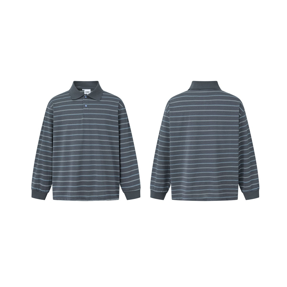 Front and back views of a charcoal long-sleeve polo with thin white and blue stripes and ribbed cuffs.