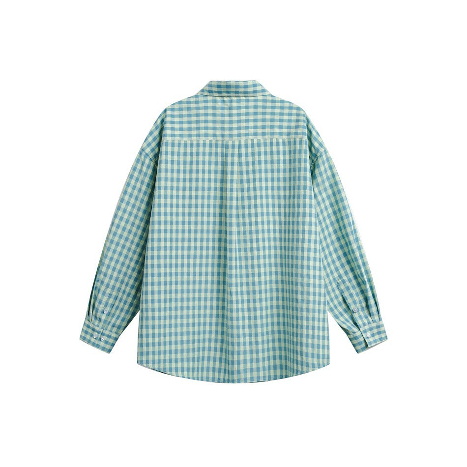 Back view of a teal, pale yellow, and white gingham long-sleeve shirt with a collar and button cuffs.