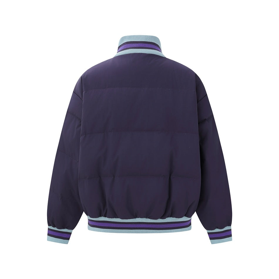 Back view of a dark purple jacket with horizontal quilting and light blue, purple, and dark striped ribbed trim.