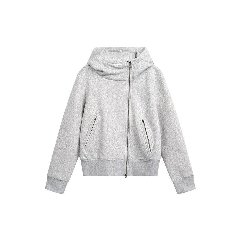 Front view of a light gray zip-up hoodie with a high hood, two angled zip pockets, ribbed cuffs and hem.