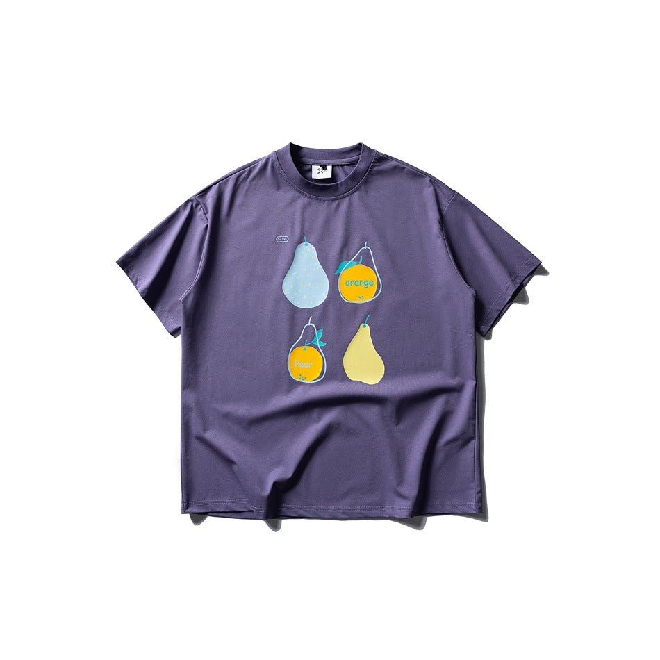 Purple short-sleeve crew-neck T-shirt with pastel pear and orange graphic on the chest, flat lay