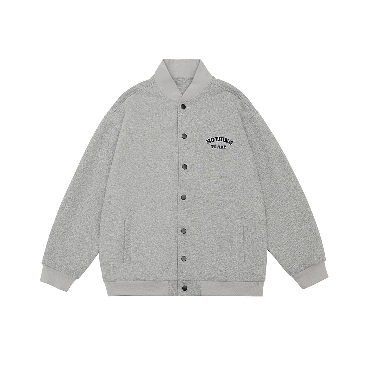 Heather gray baseball-style jacket with snap buttons, ribbed collar, cuffs and hem, and a small chest text graphic