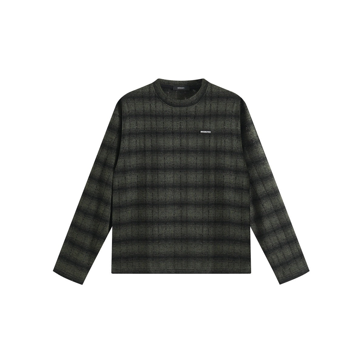 Green shaded plaid-stripe long-sleeve crew-neck top, flat front view with small chest label