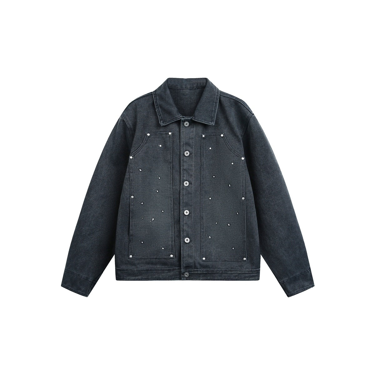 Navy-gray washed button-front jacket with rivet-trimmed front pockets and paint splatters, flat front view