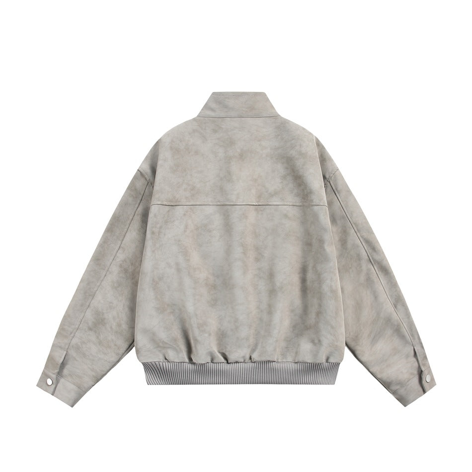 Back view of a light gray jacket with a stand collar, long sleeves, and ribbed hem.