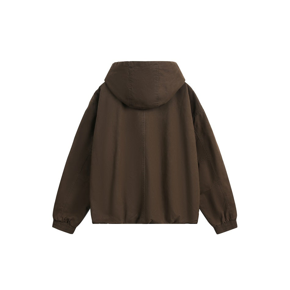 Coffee brown hooded jacket back view with center back seam, stitched hood and elastic cuffs