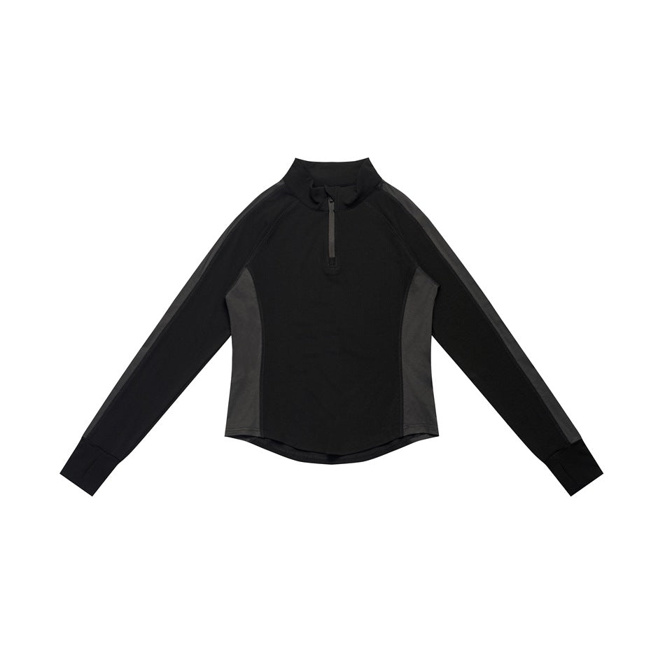Black long-sleeve half-zip top with dark gray side panels and sleeve stripes, flat lay front view