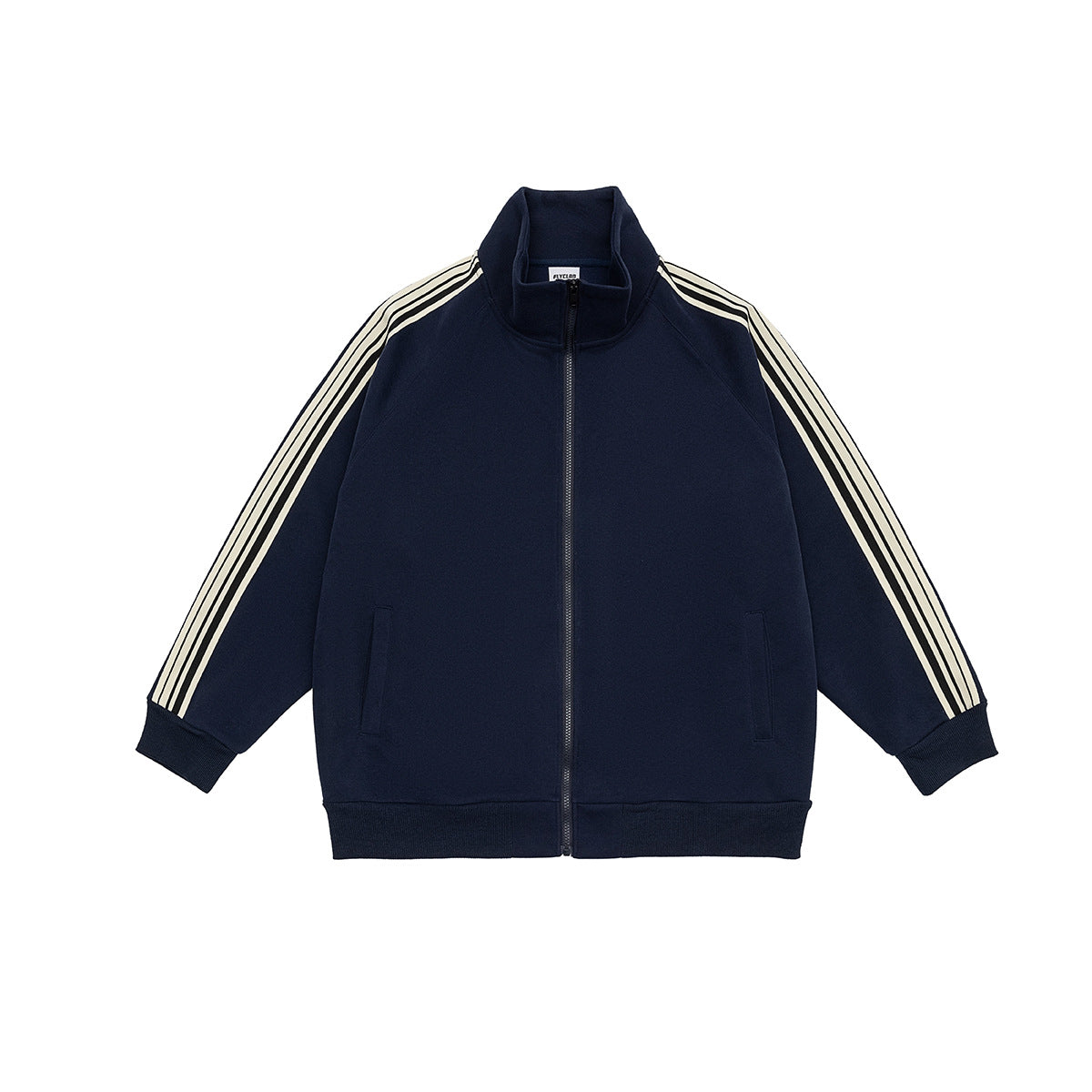 Navy zip-up track jacket with stand collar and cream and black striped sleeves, flat front view