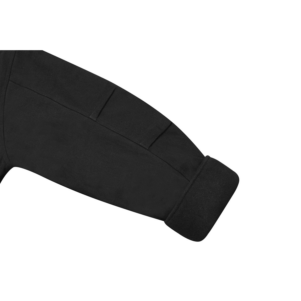 Close-up of a black coat sleeve with a seam and wide folded cuff.