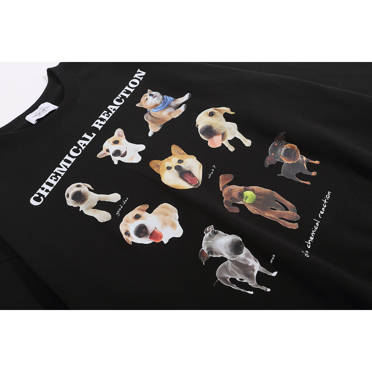 Black crewneck sweatshirt with white lettering and a collage of playful dog photos across the front.