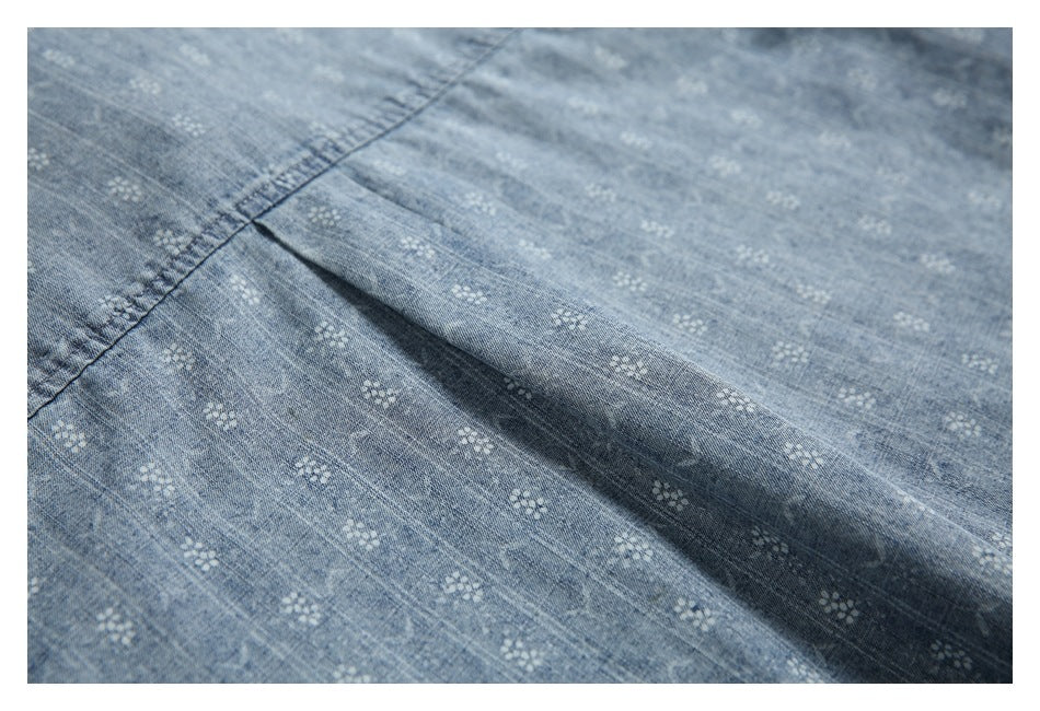 Close-up showing the blue fabric's small white pattern and a stitched seam.