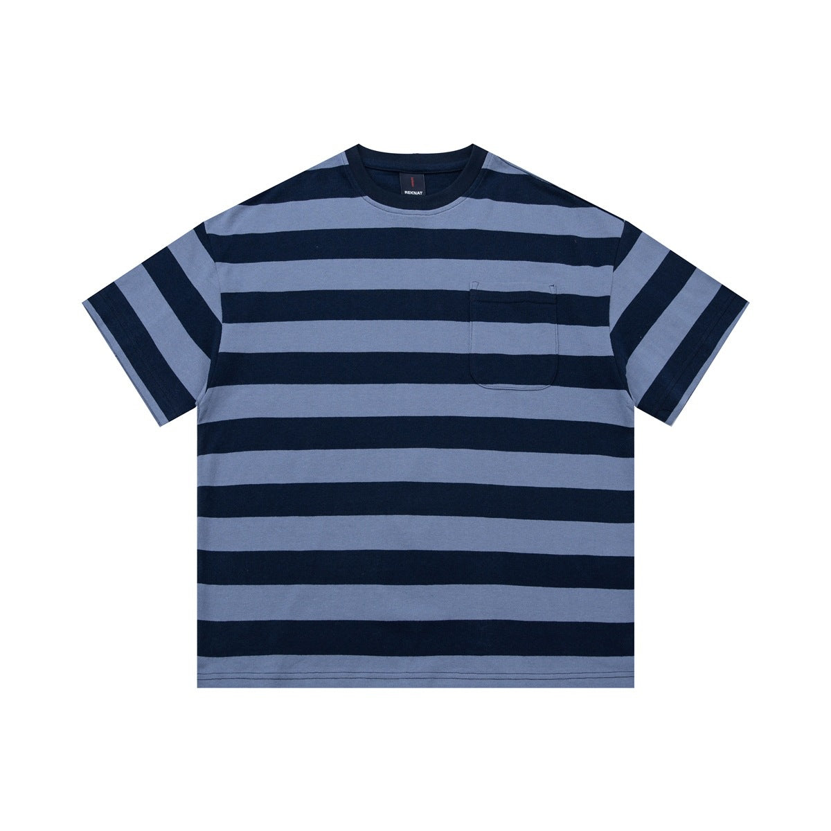 Blue and navy wide-striped short-sleeve crew-neck T-shirt with chest pocket, flat front view