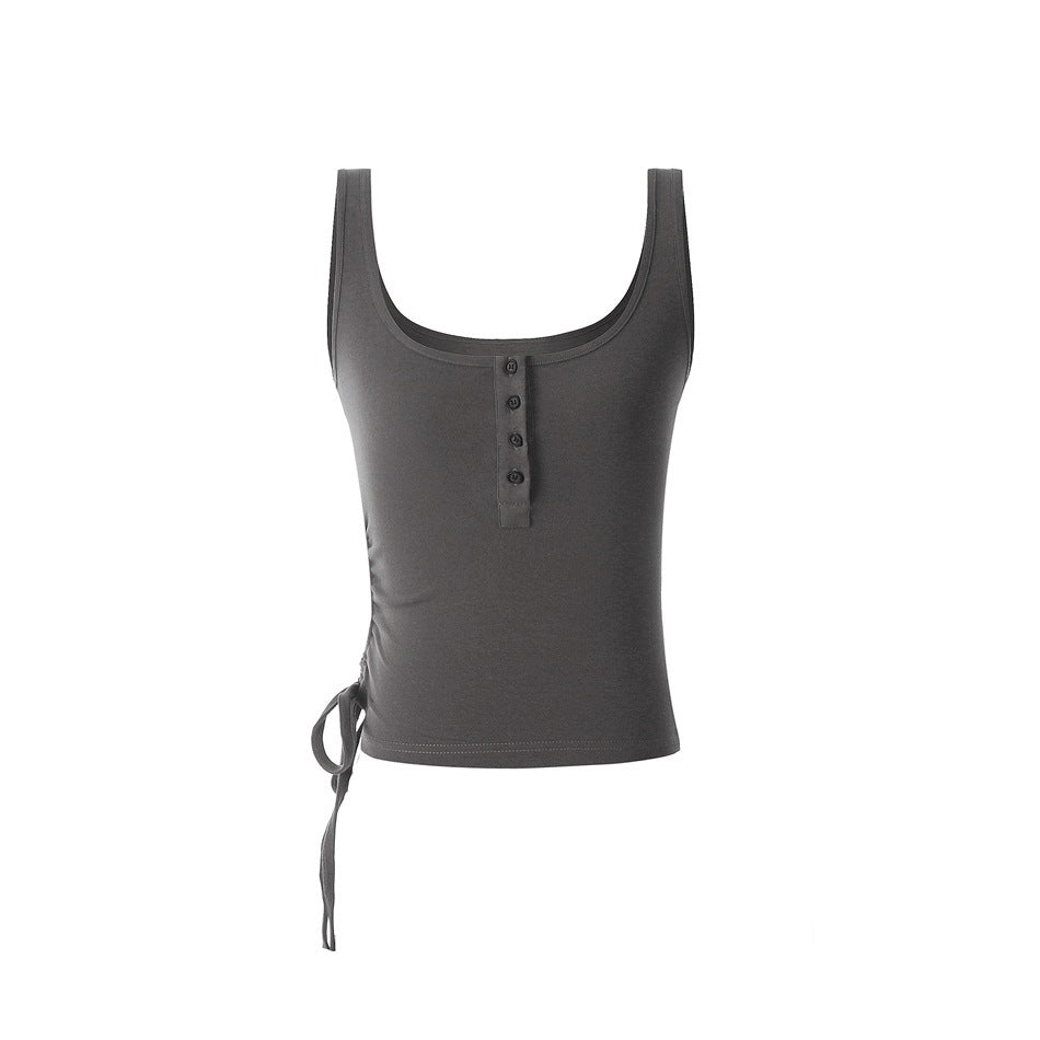 Charcoal gray cropped scoop-neck tank top with four front buttons and side drawstring ruching on a white background