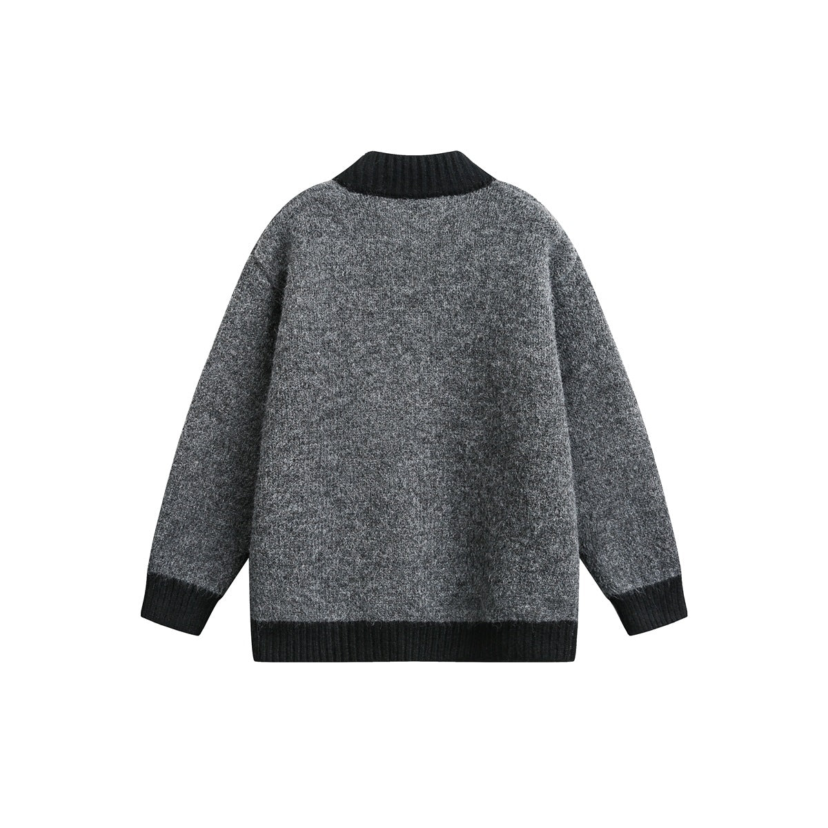 Back view of a charcoal gray cardigan with black ribbed collar, cuffs and hem, shown flat against white.