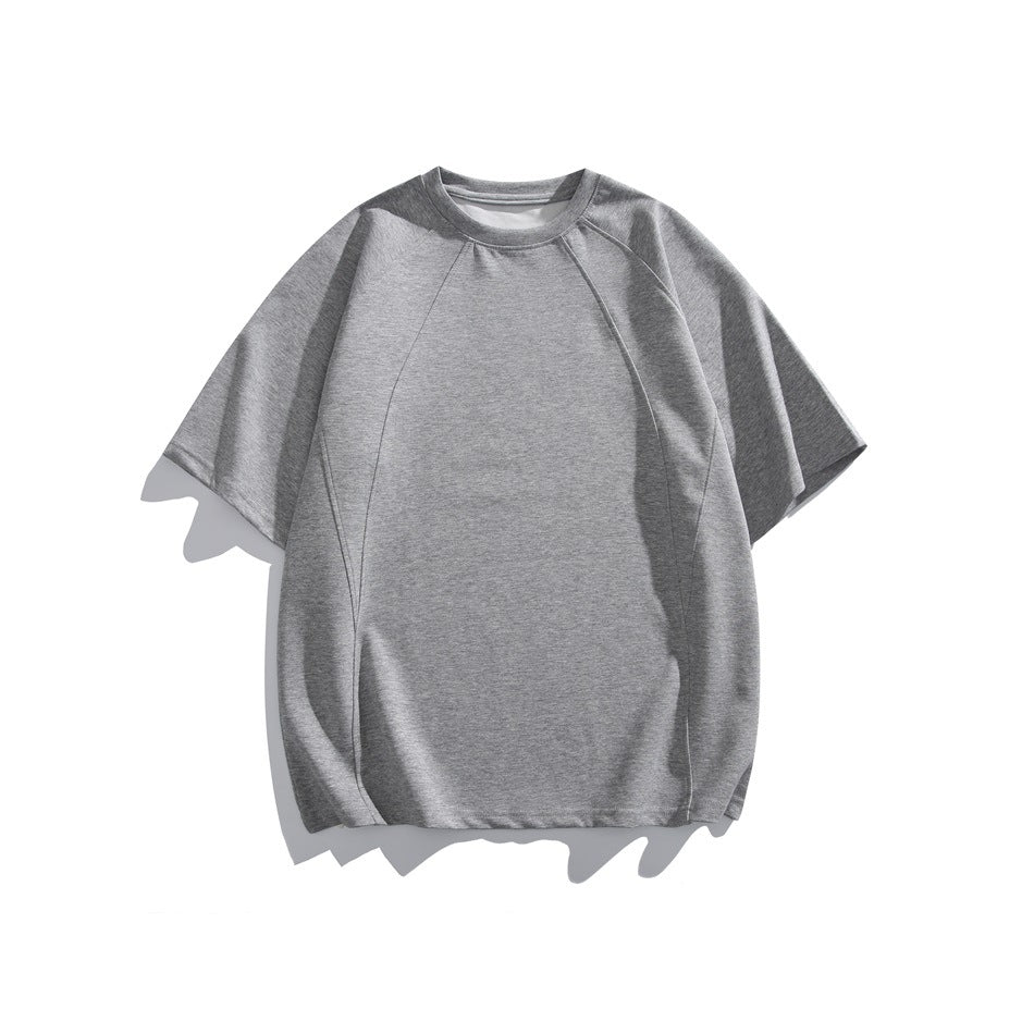 Light gray short-sleeve raglan crew neck T-shirt, front flat view with curved seam lines