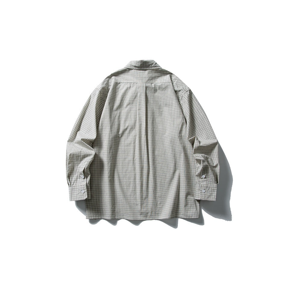 Light gray checked button-up shirt shown from the back, with a yoke, center pleat, and button cuffs.
