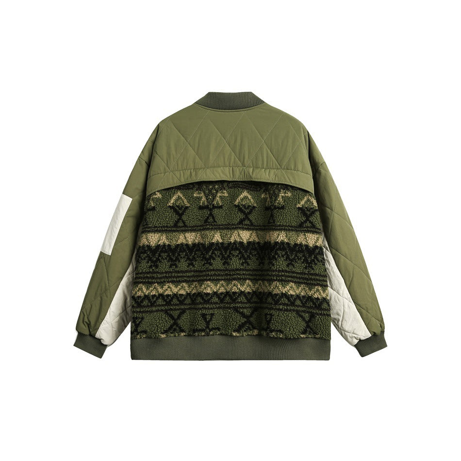Back view of an olive bomber jacket with diamond quilting, cream sleeve panels, and a dark patterned fleece back section.