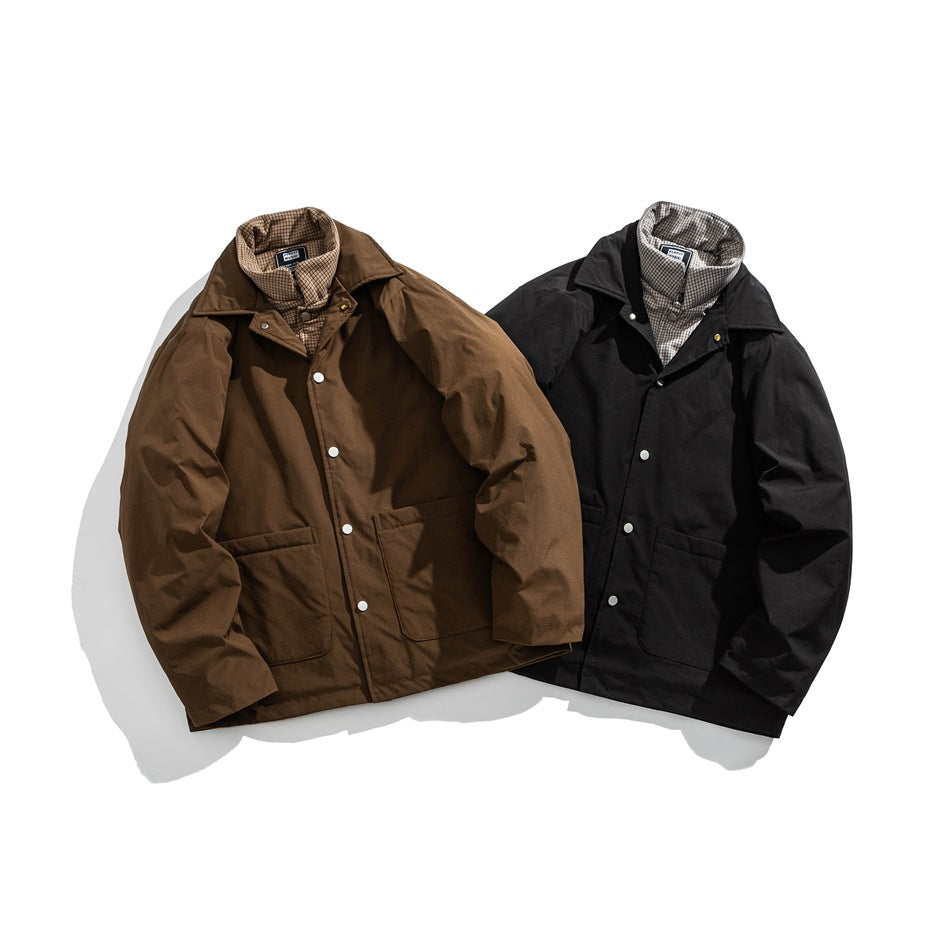 Front view of brown and black jackets with checked collars, snap closures, and two front pockets.