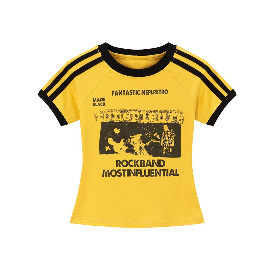 Yellow short-sleeve T-shirt with black neck trim, shoulder stripes and a black rock band graphic print on the front