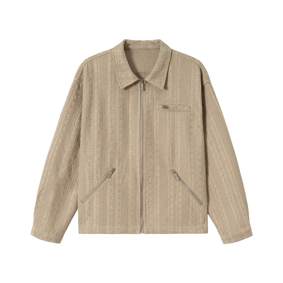 Khaki textured zip-front jacket with pointed collar, chest pocket and diagonal zip pockets, flat front view