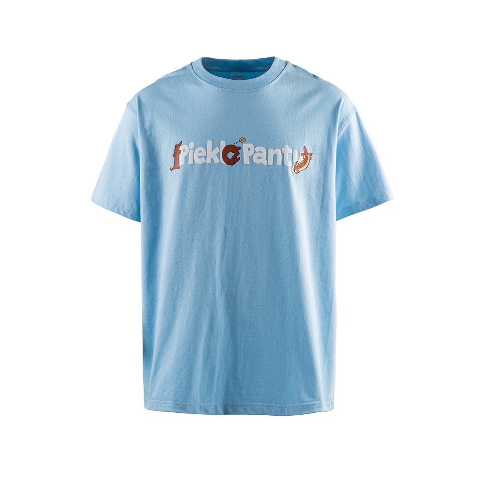 Light blue short-sleeve crew-neck T-shirt with playful lettering and cartoon food graphics on the chest.