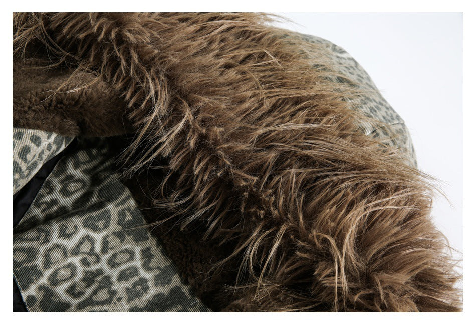 Close-up of the jacket's shaggy brown faux-fur collar beside its olive and gray animal print.