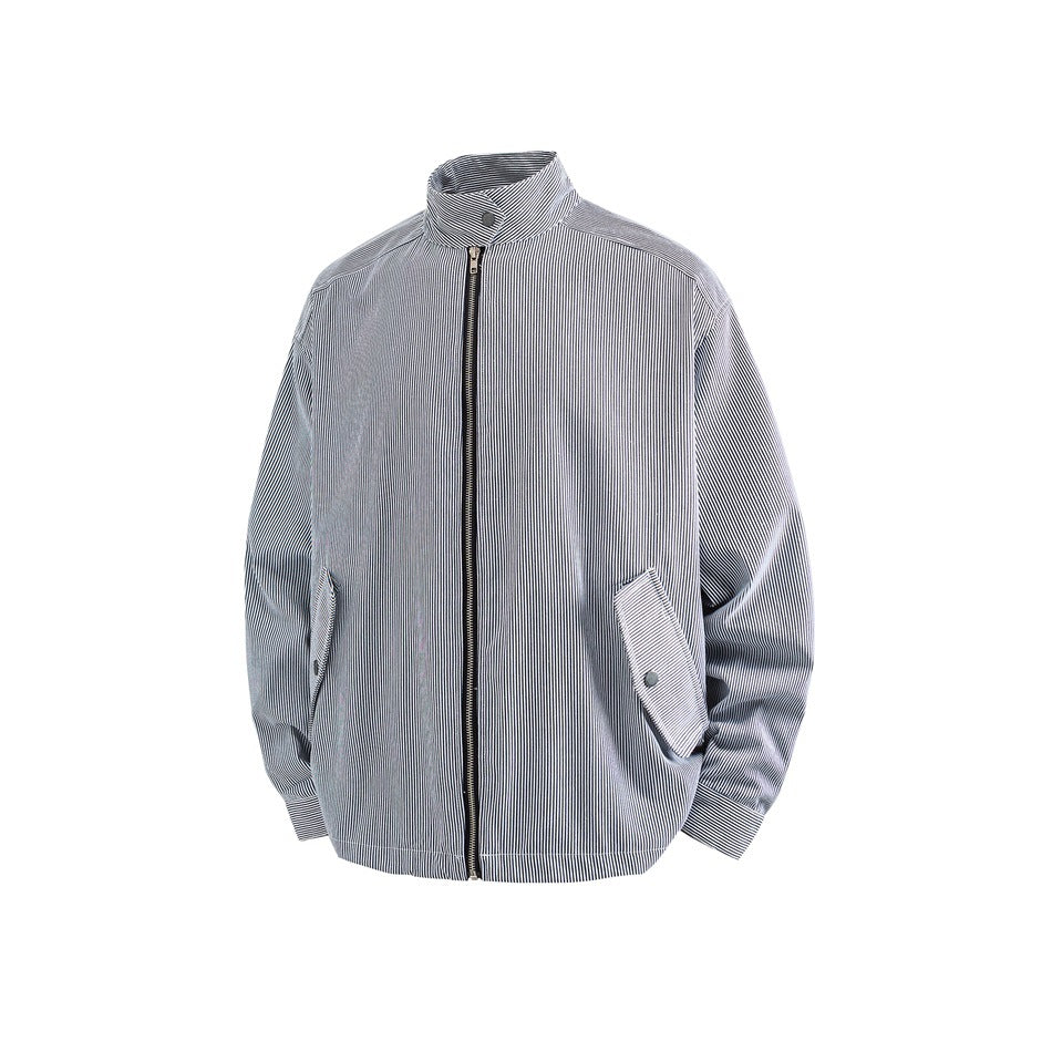 Front view of a navy-and-white pinstriped jacket with a stand collar, front zipper and flap pockets.