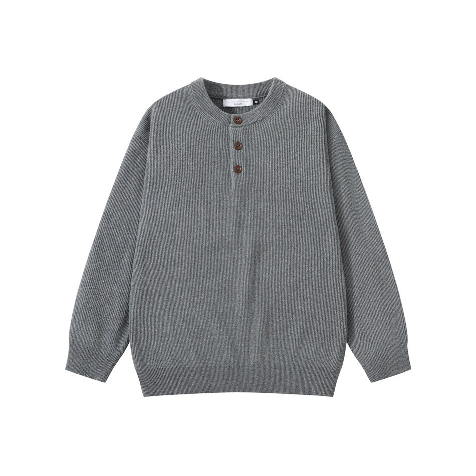 Gray ribbed knit henley sweater with three brown buttons, flat lay front view