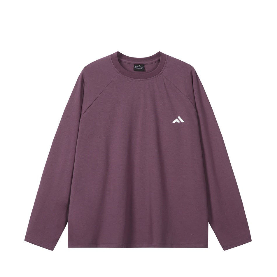 Dark purple raglan long-sleeve crewneck top with small white logo on left chest, flat front view