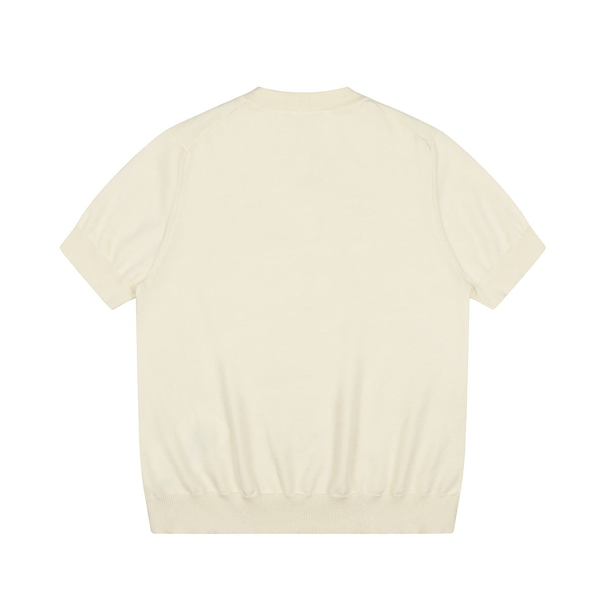 Back view of a cream short-sleeve knit top with ribbed collar, cuffs, and hem.