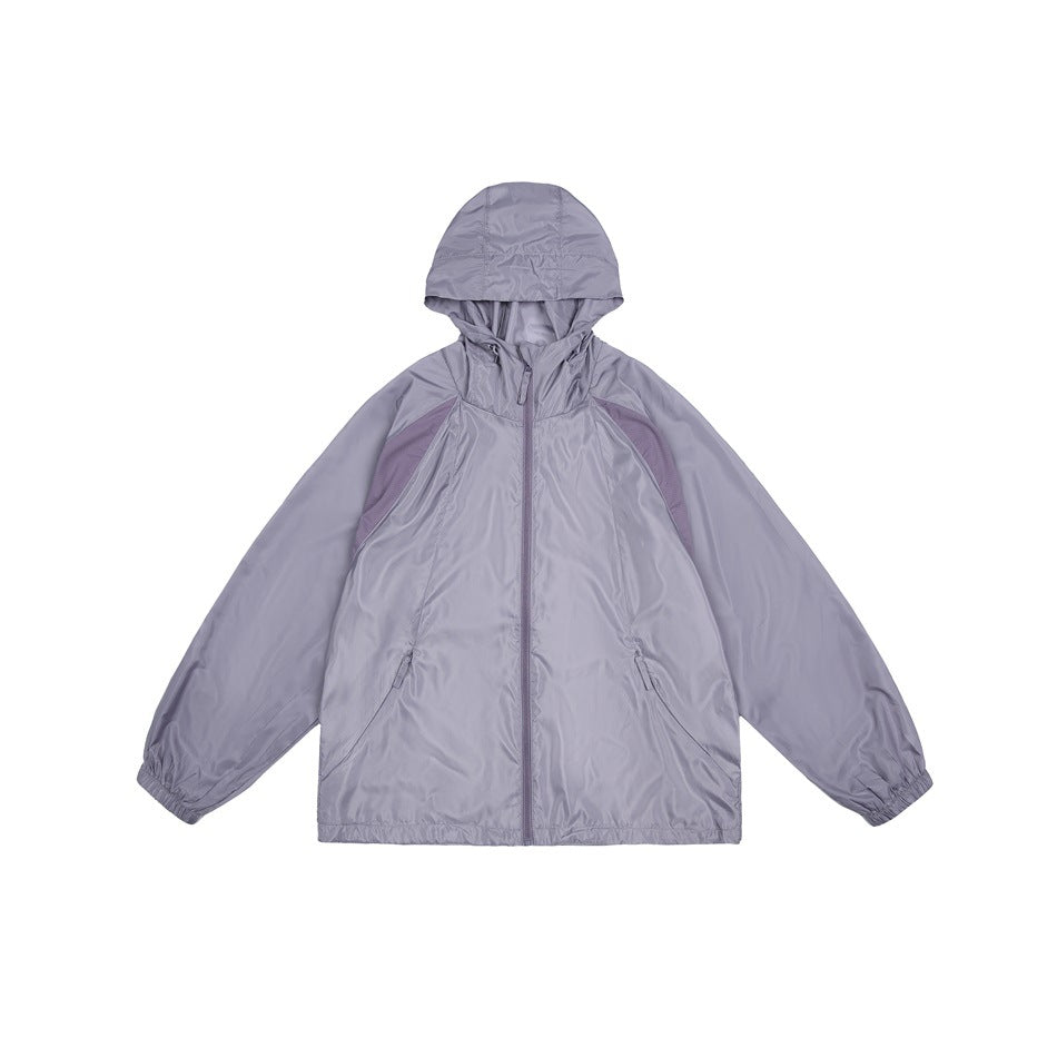 Dark purple hooded zip-up lightweight jacket flat lay with contrast shoulder panels and elastic cuffs
