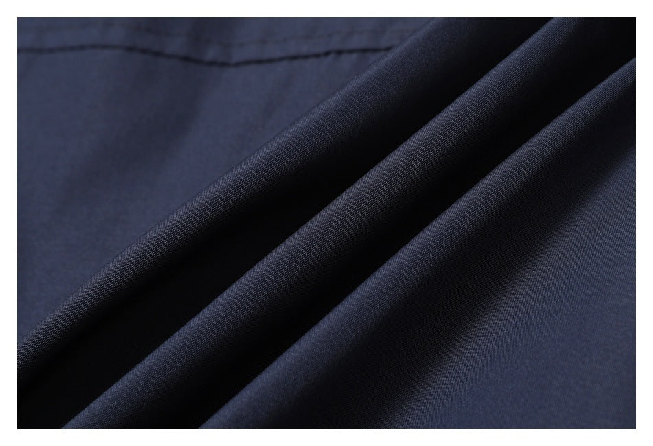 Close-up showing the texture and drape of dark navy fabric.