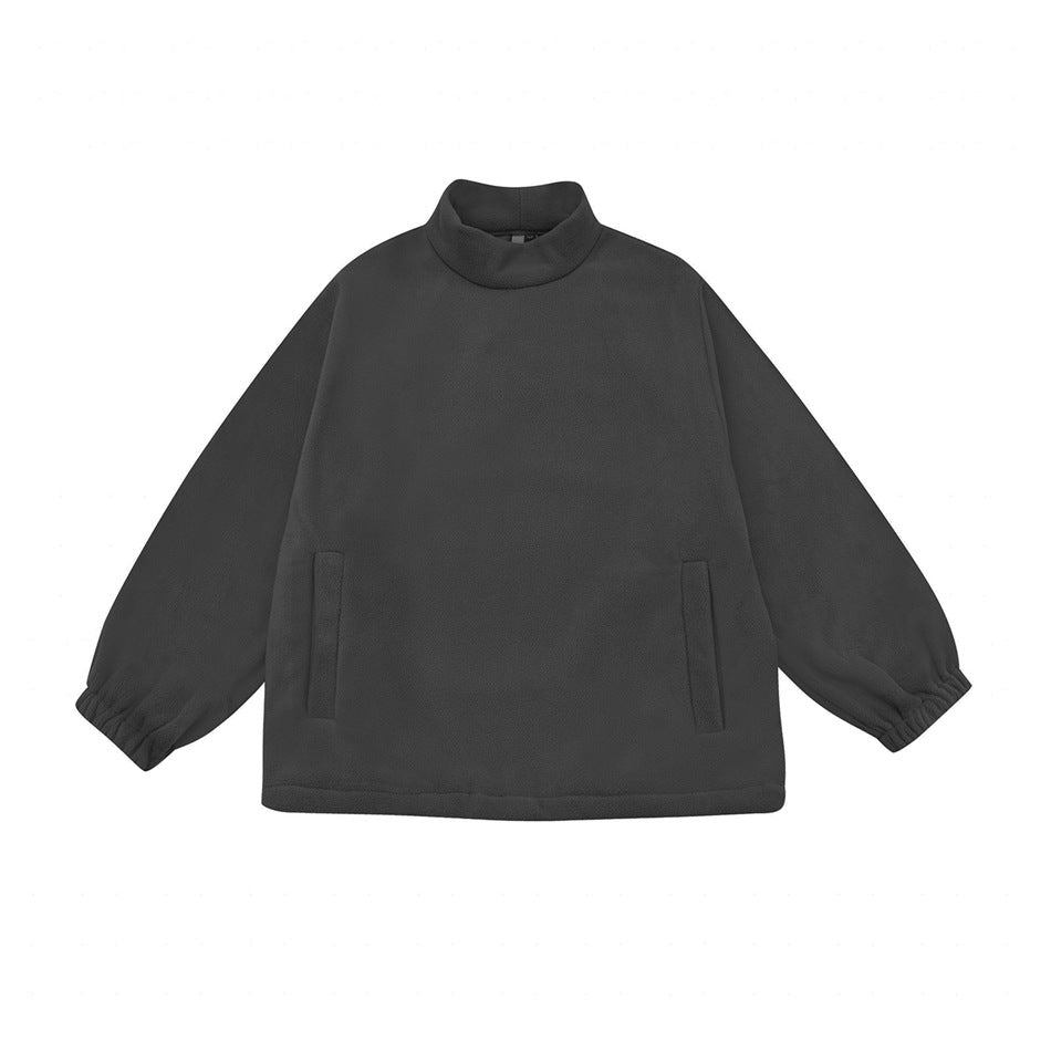 Black mock-neck fleece-textured pullover with elastic cuffs and two slit pockets, flat lay front view