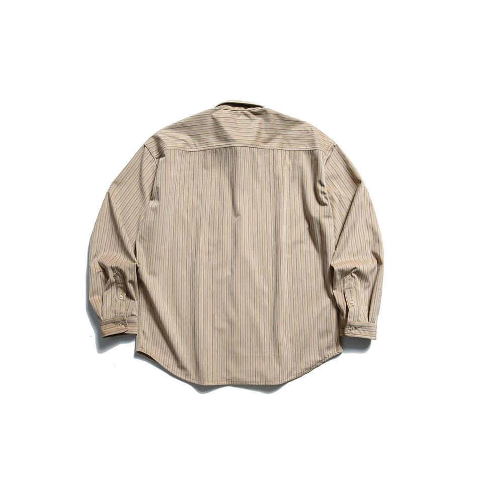 Back view of a beige long-sleeve button-up shirt with fine vertical stripes.