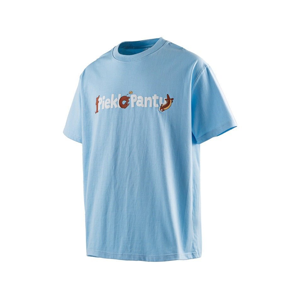 Light blue short-sleeve crew-neck T-shirt with a 'Piekl Panty' chest graphic, shown flat at an angle