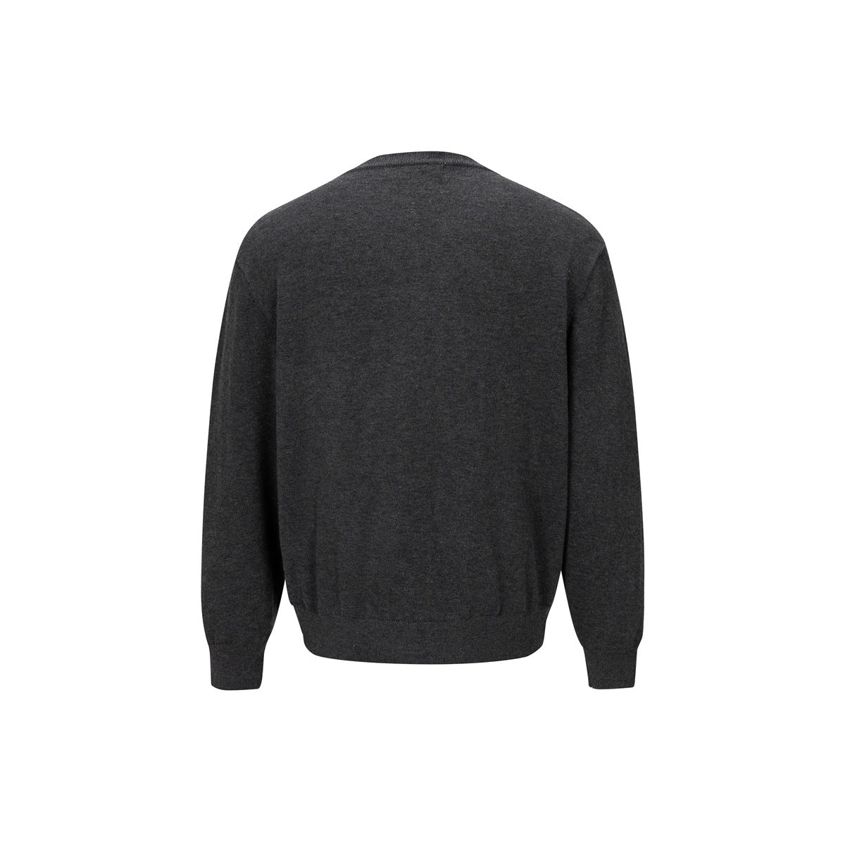 Back view of a charcoal gray cardigan with long sleeves and ribbed cuffs and hem.